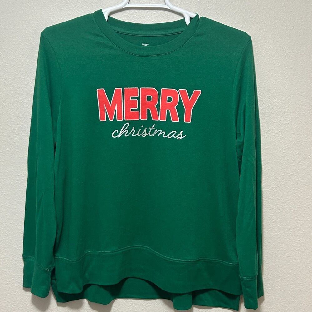 Holiday Time Women XL Green Merry Christmas Sweatshirt Pullover High Low Hem